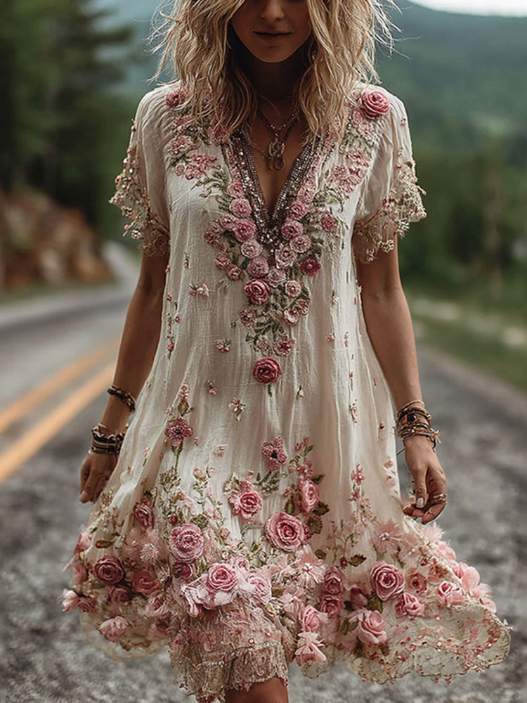 Fließendes, romantisches Damen Sommerkleid mit detaillierter Blumenstickerei und V-Ausschnitt, ideal für Freizeit & Party.