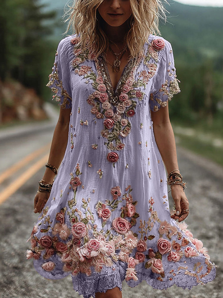 Bequemes Damen Partykleid mit besticktem V-Ausschnitt und romantischer Blütenstickerei, ein vielseitiges Sommer-Outfit.