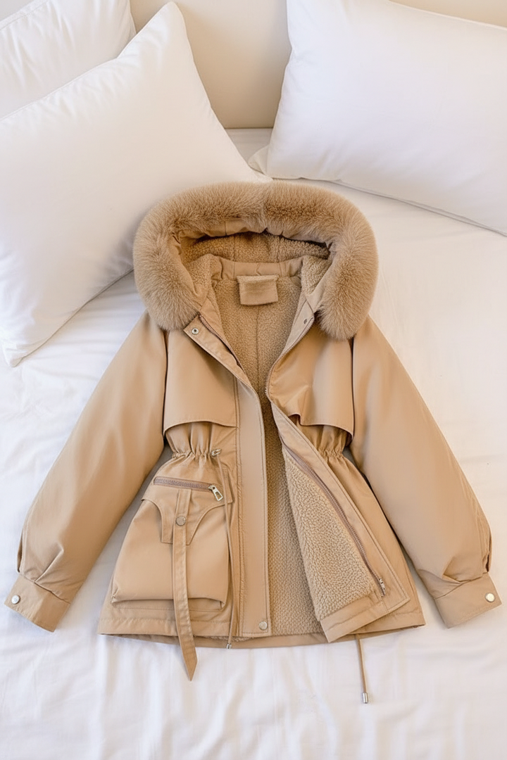 Warme Damen-Steppjacke in Amber mit schützendem, weichem Kragen. Perfekt für kalte Wintertage.