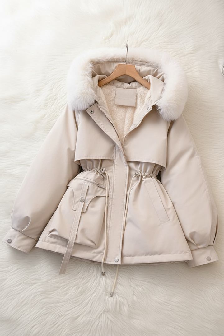 Modische Damen-Winterjacke in Amber. Gefütterte Oberbekleidung mit elegantem Steppmuster und Kragen.