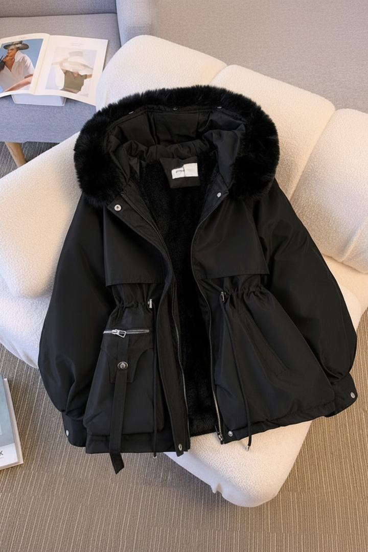 Hochwertige Damen-Steppjacke in Amber. Isolierte Winterjacke für Damen mit weichem, wärmendem Kragen.