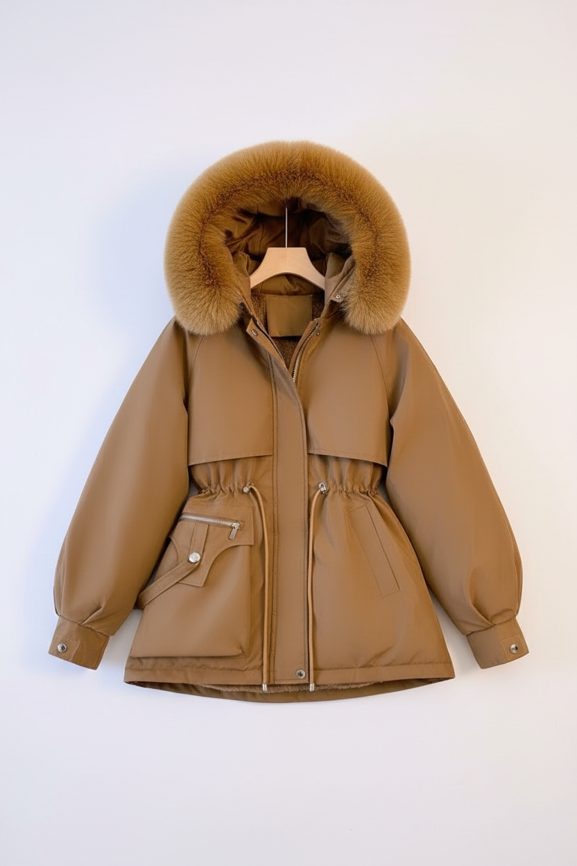 Amberfarbene Damen-Wintersteppjacke. Stilvolle, warme Oberbekleidung mit weichem Kuschelkragen.
