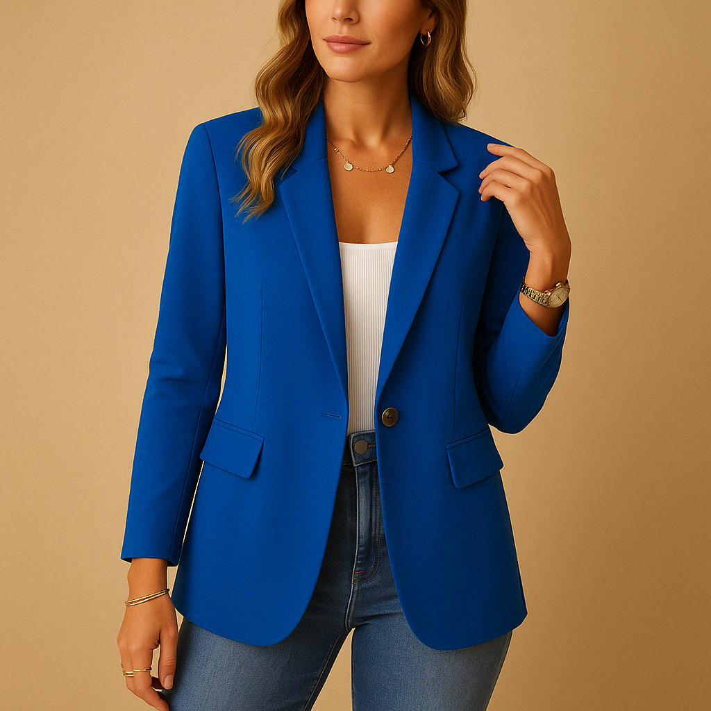 Detailansicht des eleganten Damen Stretch-Blazers Isla, Ein-Knopf Verschluss, perfekt für Businessmode.