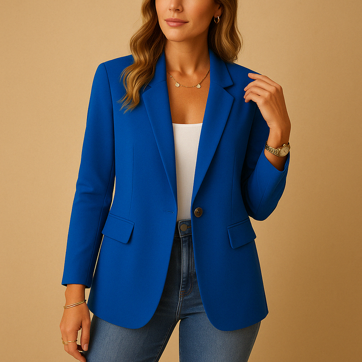 Detailansicht des eleganten Damen Stretch-Blazers Isla, Ein-Knopf Verschluss, perfekt für Businessmode.