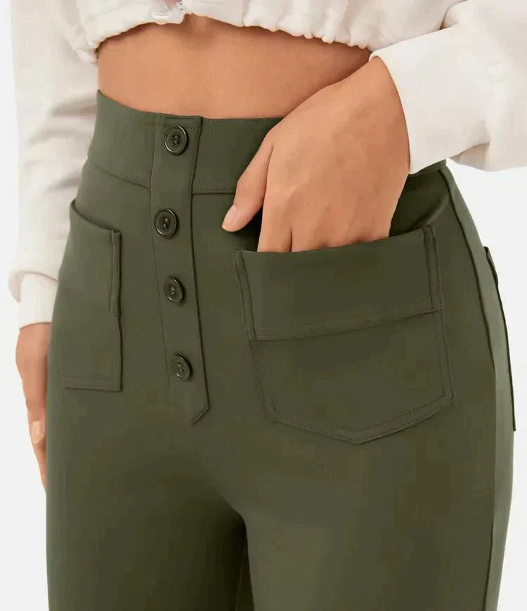 Vielseitige Stretchhose für Damen, hoher Bund, elegant, ideal für Büro-Outfits.