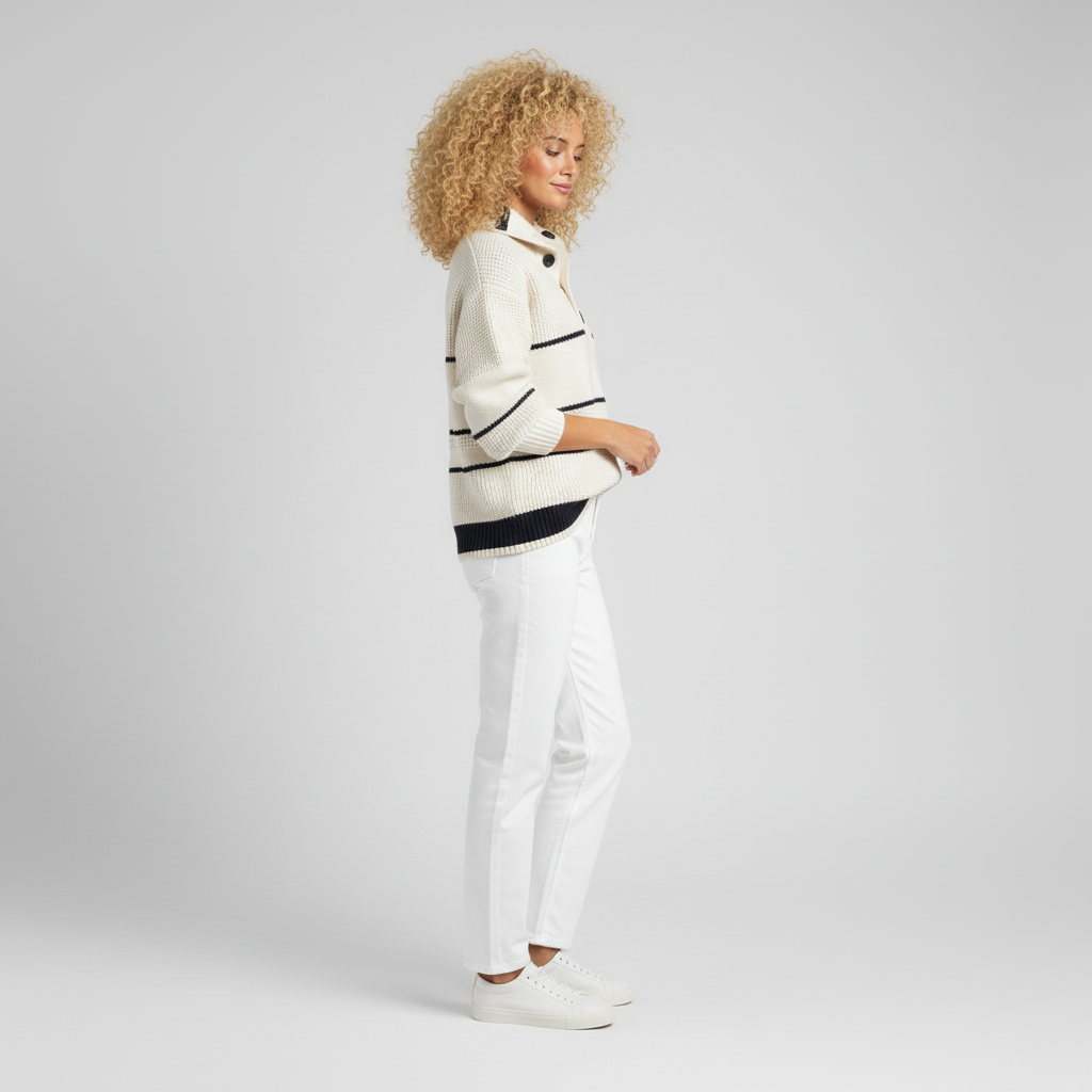 Lässiger Damen Streifenpullover aus strukturiertem Strick, ideal für Alltag & Kombinierbarkeit im Herbst.