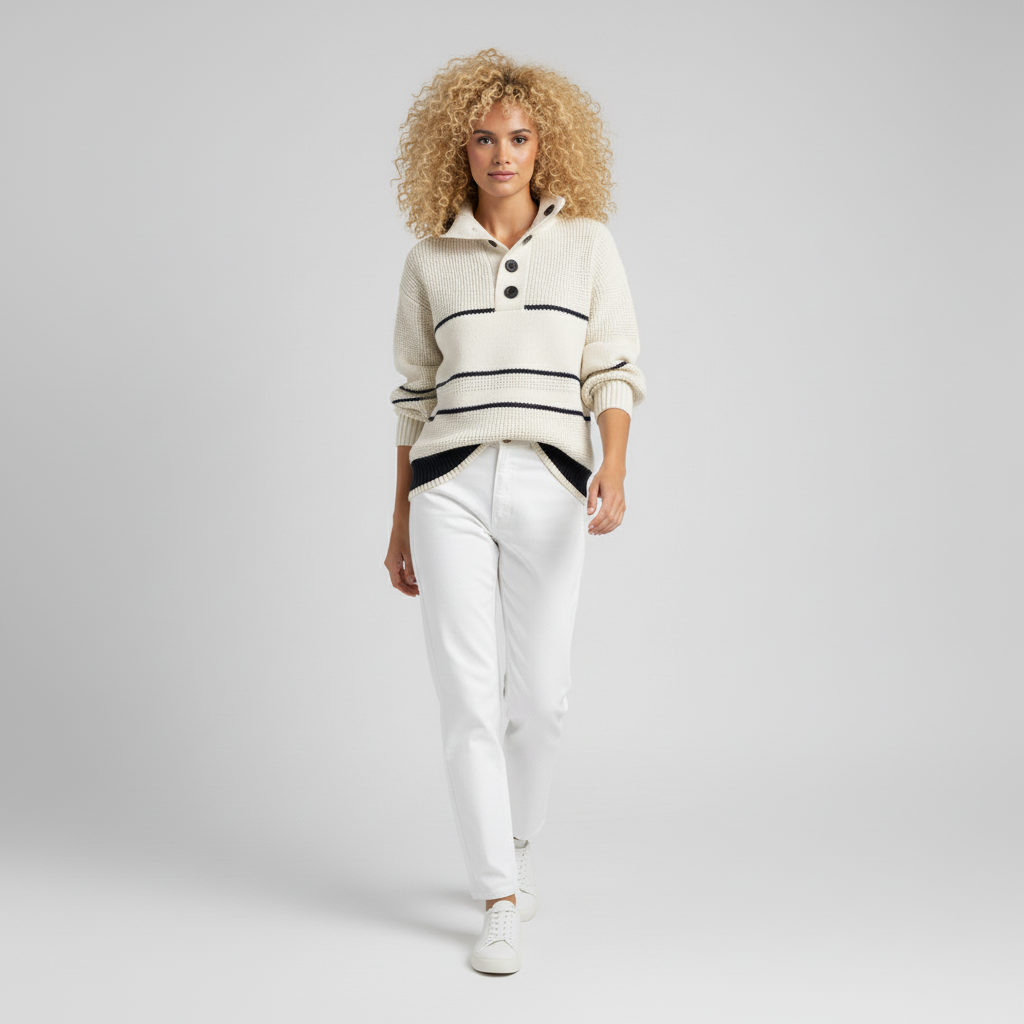 Moderner Damen Langarmpullover mit Streifen & Strukturstrick. Ein bequemer Pullover für kühlere Tage.