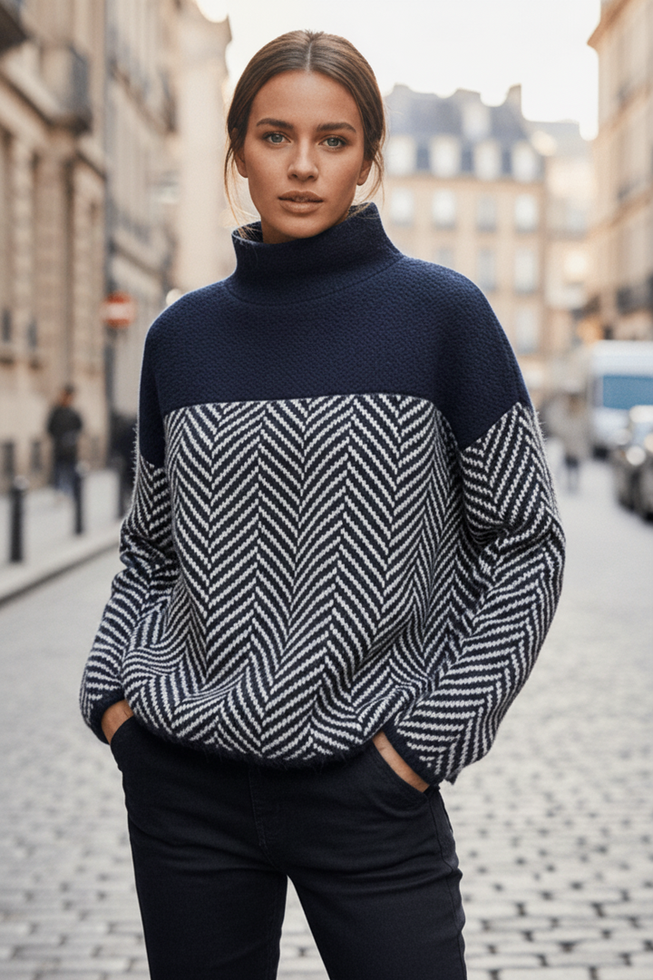Damen Strickpullover Mackenzie mit Stehkragen. Warmer, eleganter Winterpullover in lockerer Passform für Komfort.