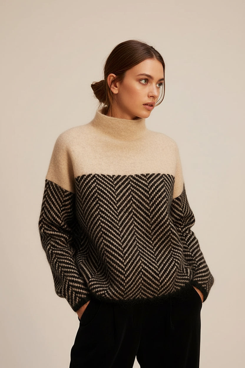 Eleganter Damen Strickpullover mit Stehkragen für den Alltag. Bequemer, warmer Herbst/Winter-Pullover mit lockerer Passform.
