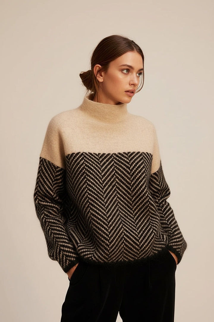 Eleganter Damen Strickpullover mit Stehkragen für den Alltag. Bequemer, warmer Herbst/Winter-Pullover mit lockerer Passform.