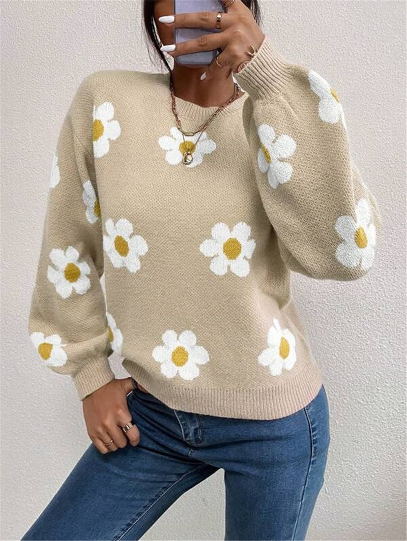 Trendiger Damen Strickpullover mit floralem Design, Puffärmeln & bequemem Rundhalsausschnitt. Frühling/Herbst.
