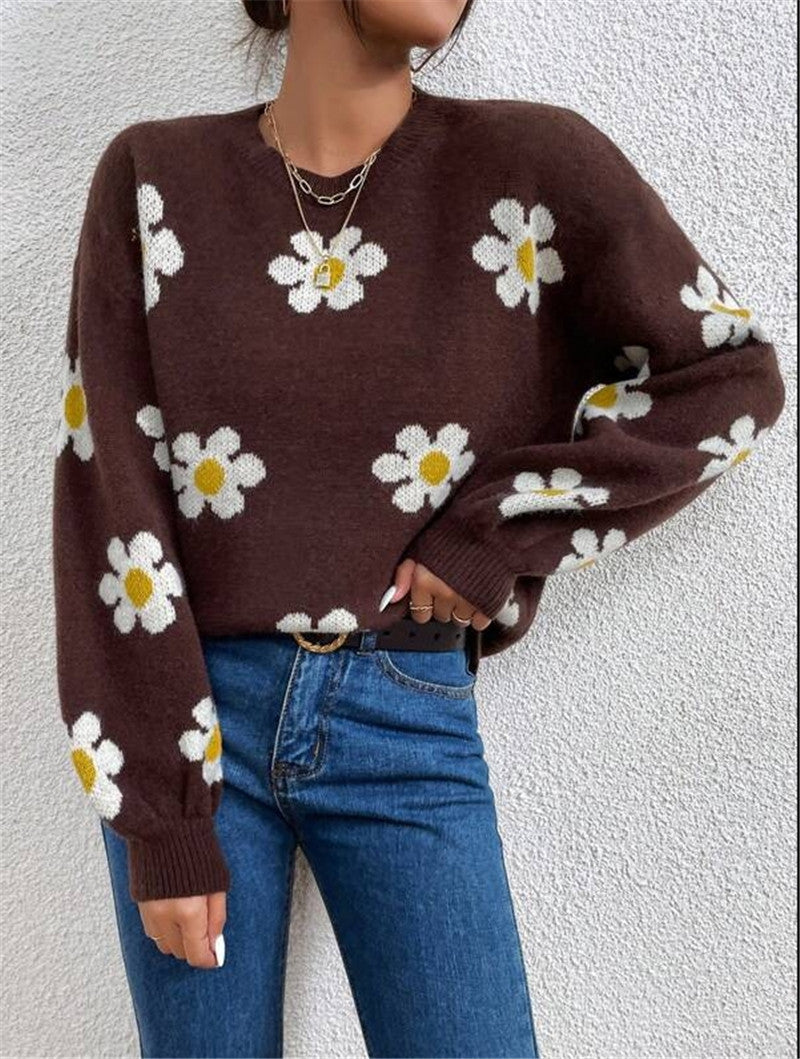 Herbstlicher Damen Strickpullover mit modischem Blumenmuster, Puffärmeln & klassischem Rundhals.
