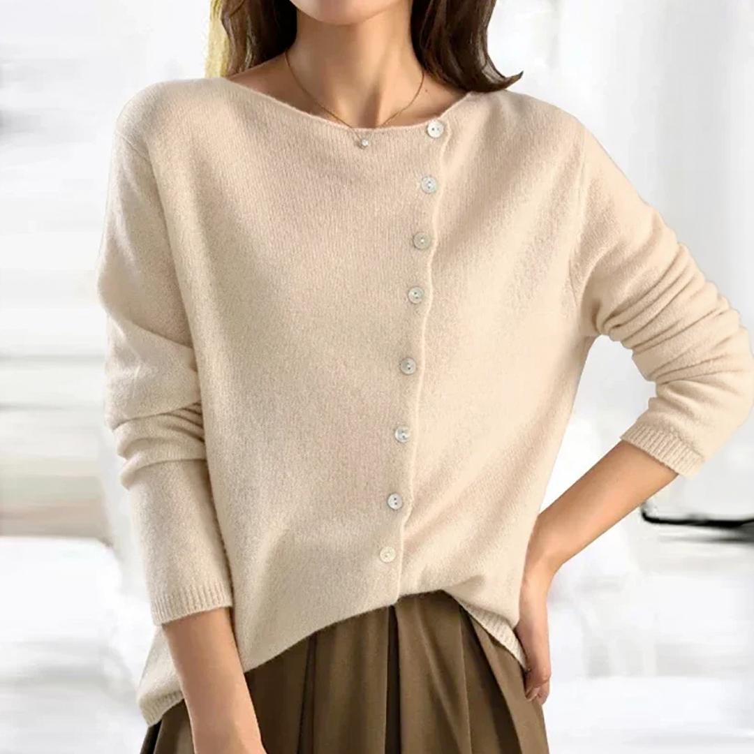Elegantes graues Damen Stricktop mit Knopfleiste. Kuscheliges Langarm-Top, perfekt für Büro & Freizeit im Herbst.