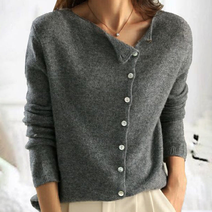 Basic Langarm-Stricktop für Damen mit Knopfleiste in Gelb. Leichtes & kuscheliges Oberteil für Herbsttage.