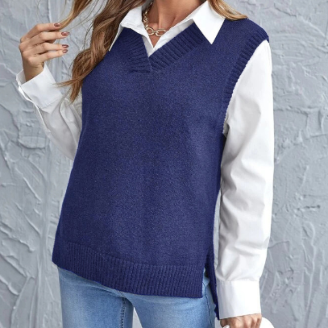 Zarte Damen Strickweste mit V-Ausschnitt für elegante Schichtlooks. Perfekt für Sommer & Übergangszeit.