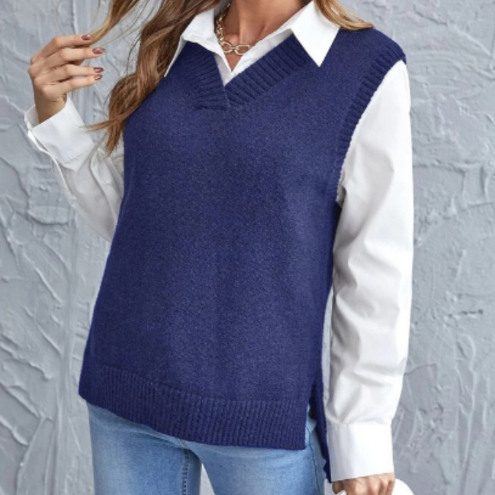 Zarte Damen Strickweste mit V-Ausschnitt für elegante Schichtlooks. Perfekt für Sommer & Übergangszeit.