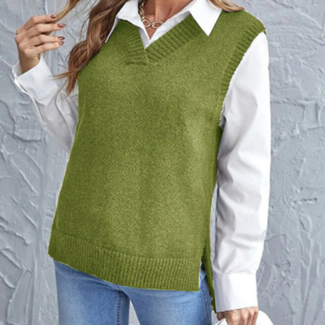 Vielseitige Strickweste für Damen, V-Ausschnitt. Ideal für Sommerabende oder als Übergangsjacke.