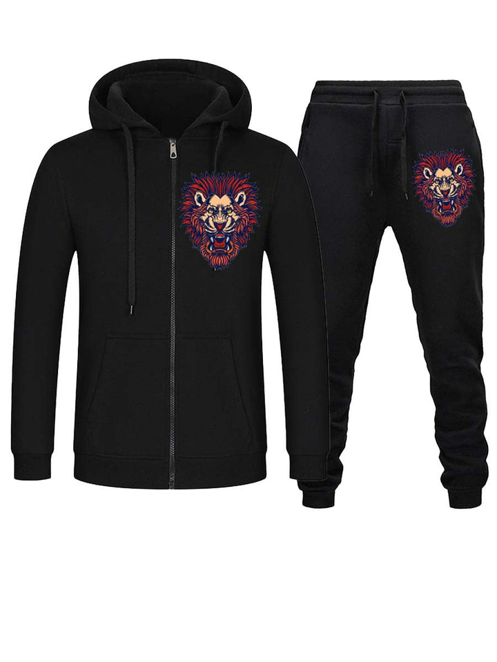 Bequemer Damen Jogginganzug mit Löwenkopf-Print. Weicher Hoodie und passende Freizeithose für Loungewear.