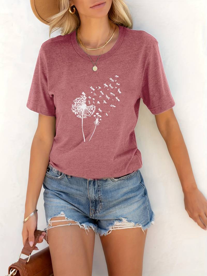Blaues Damen T-Shirt, Löwenzahn-Design. Perfektes Frühlingsoutfit, bequemer Schnitt.