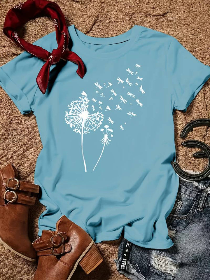 Damen T-Shirt mit detailliertem Löwenzahn-Print. Komfortabler Rundhals, vielseitiges Oberteil.