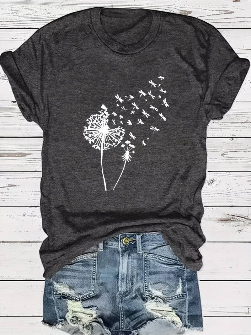 Sommerliches Damen T-Shirt mit frischem Löwenzahn-Muster. Rundhalsausschnitt, atmungsaktiv.