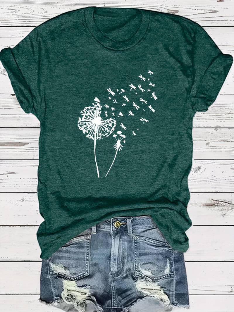 Graues Damen T-Shirt, Löwenzahn-Print. Bequemes Oberteil für Casual Anlässe.