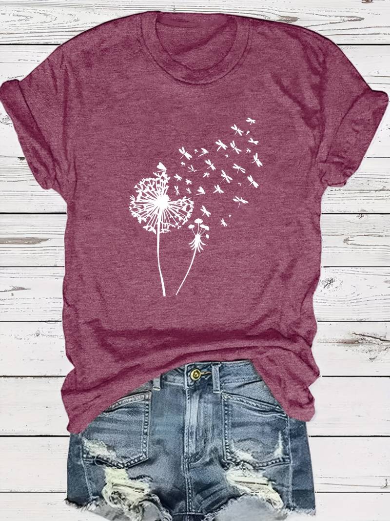 Blaues Damen T-Shirt, elegantem Löwenzahn-Print. Rundhalsausschnitt, Frühlingsmode.