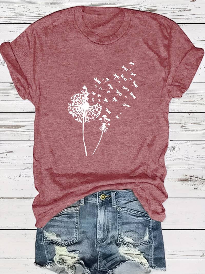 Grünes Damen T-Shirt, Löwenzahn-Design. Freizeit-Oberteil, perfekt für warme Tage.