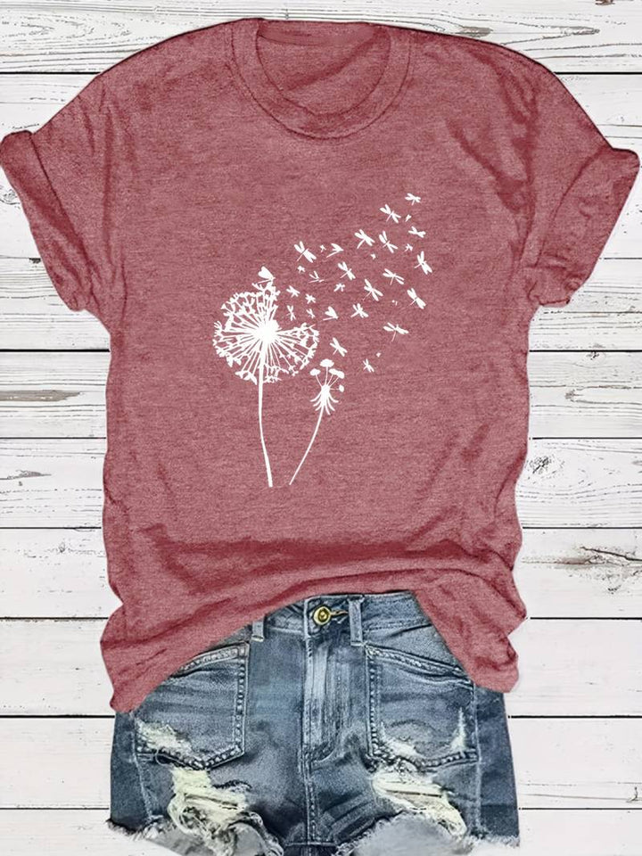 Grünes Damen T-Shirt, Löwenzahn-Design. Freizeit-Oberteil, perfekt für warme Tage.