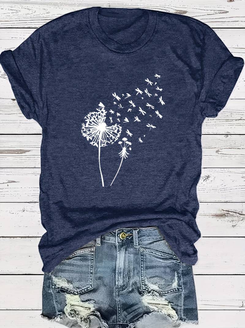 Rosa Damen T-Shirt mit stilvollem Löwenzahn-Print. Casual Look, angenehm zu tragen.