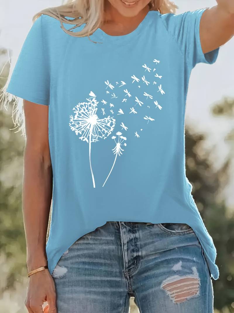 Stylisches Damen T-Shirt mit Löwenzahn-Muster und bequemem Rundhals. Perfekt für Freizeit.