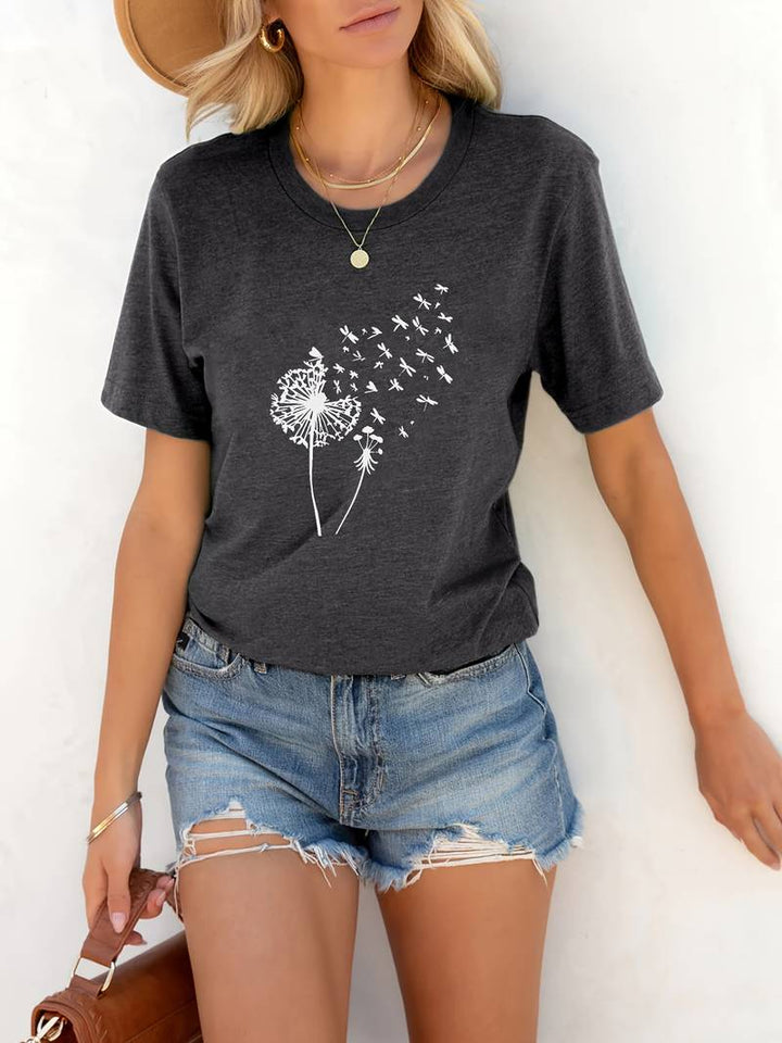 Blaues Damen T-Shirt, Löwenzahn-Design. Bequemes Oberteil für Frühling & Sommer.