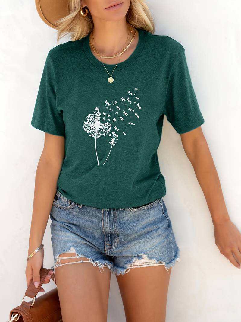 Rosa Damen T-Shirt mit Löwenzahn-Print. Elegantes Sommer-Oberteil, Casual Style.