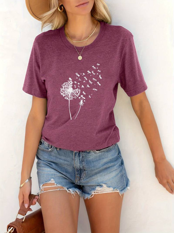 Elegantes Damen T-Shirt mit Löwenzahn-Grafik. Rundhals, weiches Material. Sommermode.