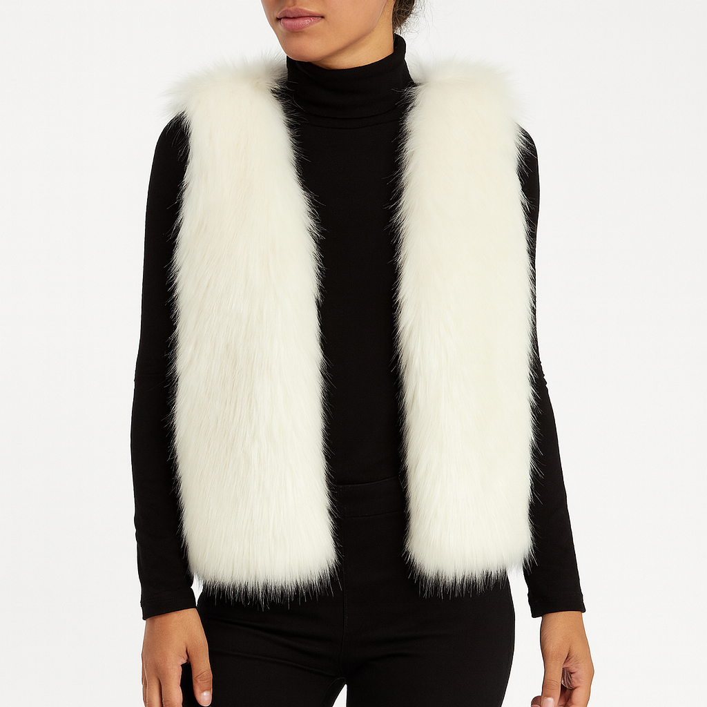 Modische Damen Kunstfellweste Tahlia ärmellos über einem Pullover, warmes Layering für kalte Tage.