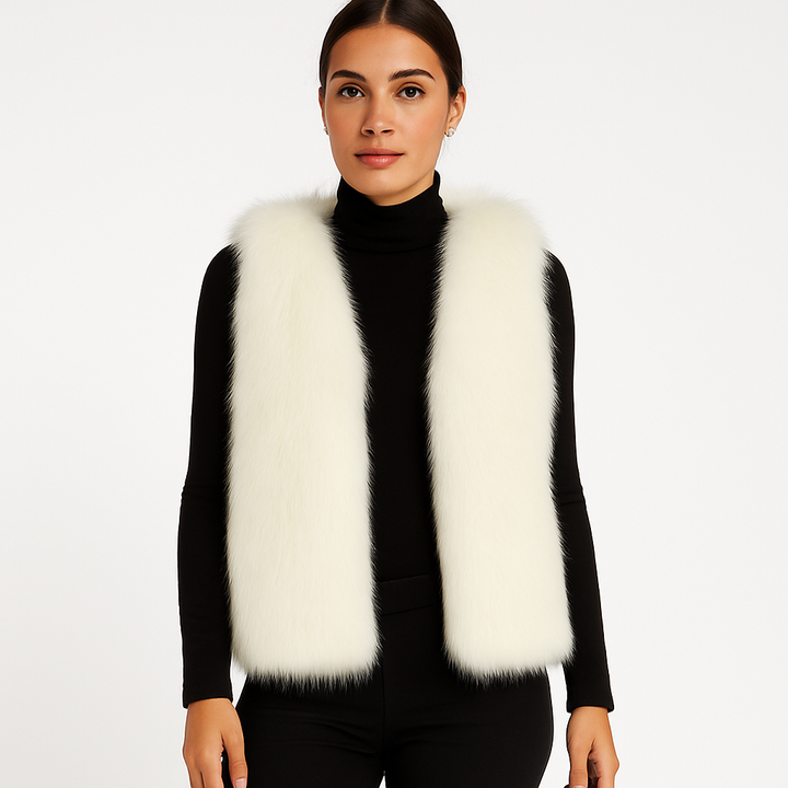 Detailaufnahme des Kragens der Damen Kunstfellweste Tahlia, luxuriöse Felloptik, bequemer Bodywarmer.