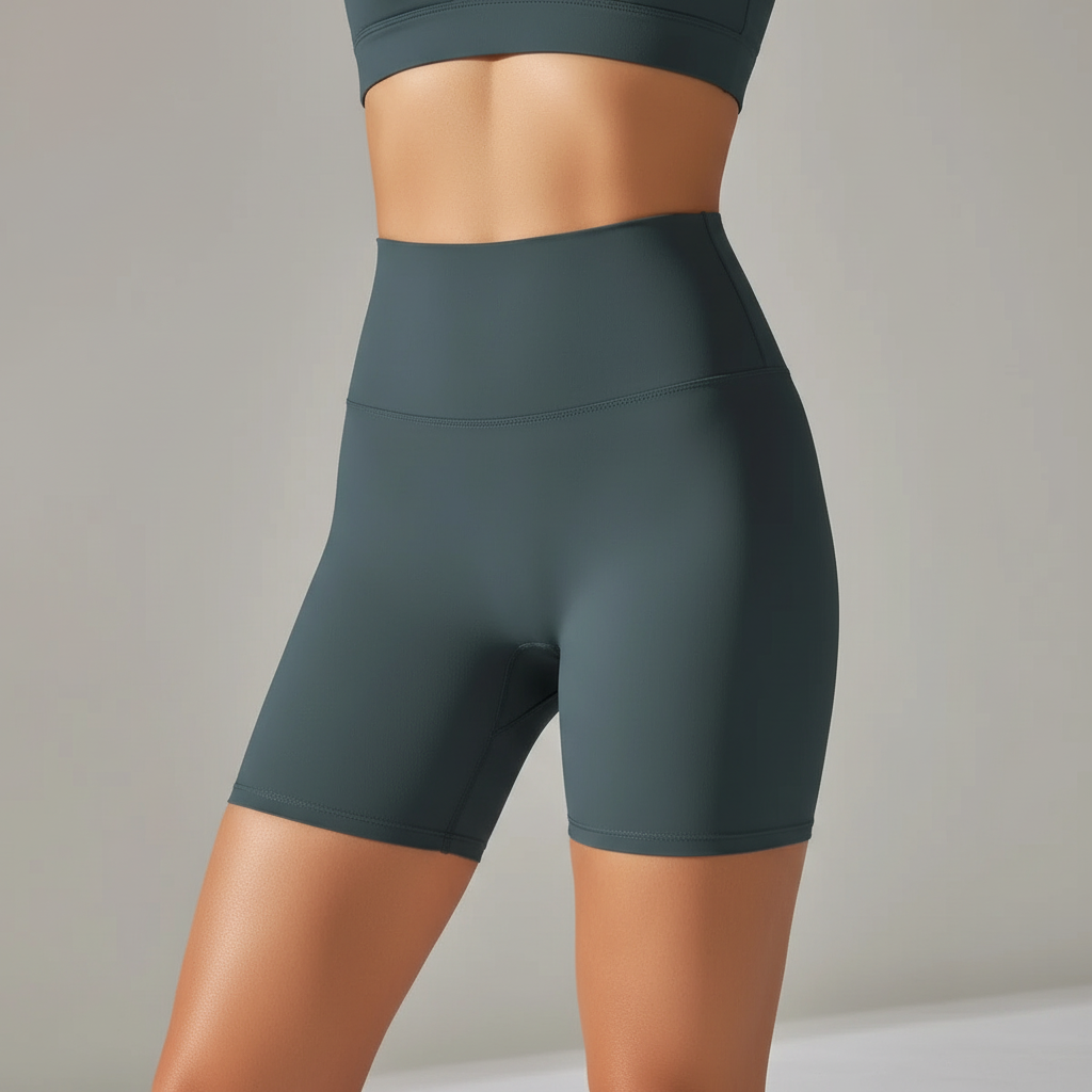 Frau in taillenhohen SquatSilk Gym Shorts beim Kniebeugen, blickdicht und unterstützend für Fitness.