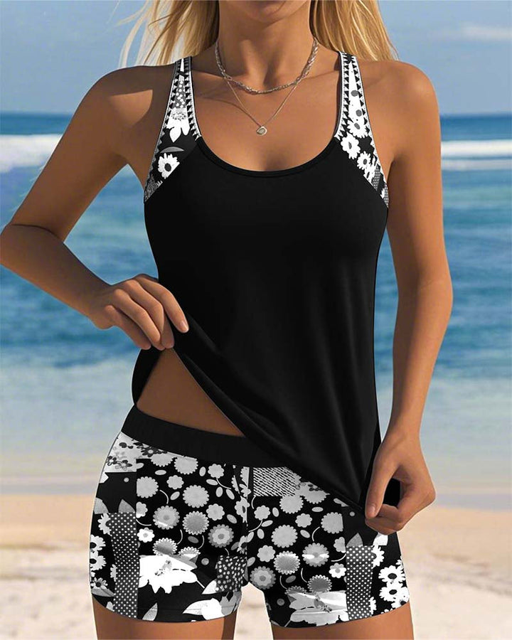 Stilvolles Damen Tankini Set mit Druckmuster, ärmellos & rückenfrei, ideale Schwimmbekleidung für den Sommer.