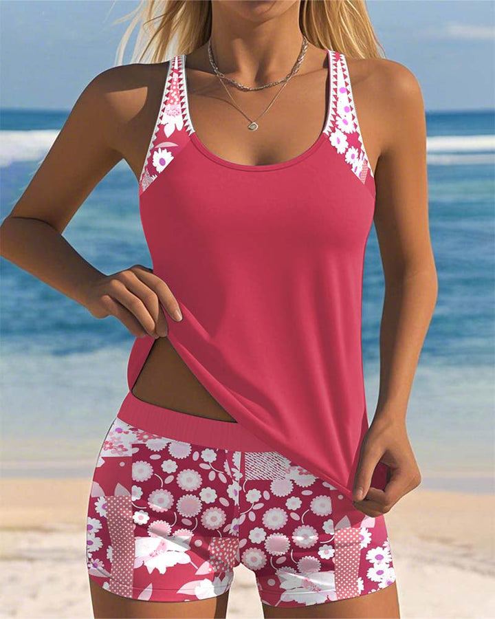 Damen Tankini Set mit fröhlichem Druckmuster, perfekt für sonnige Sommer- und Pooltage. Modische Wahl.