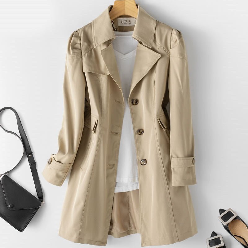 Eleganter Damen Trenchcoat, knielang, perfekt für Büro & Abendveranstaltungen.