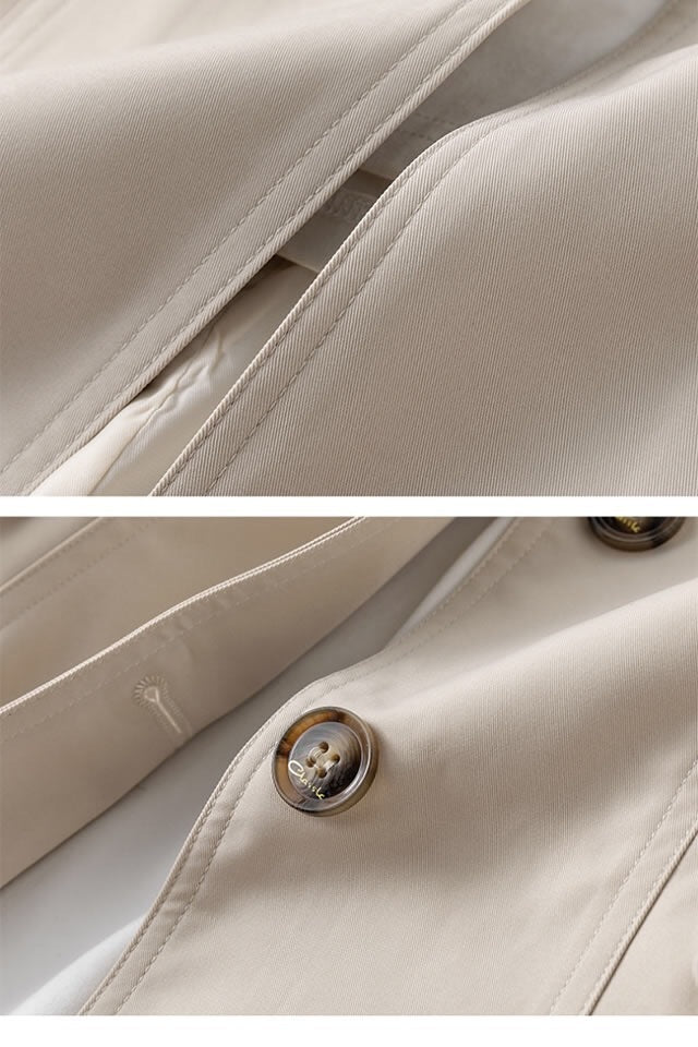 Detailaufnahme: Gürtelschnalle des eleganten Damen Trenchcoats, hochwertig verarbeitet.