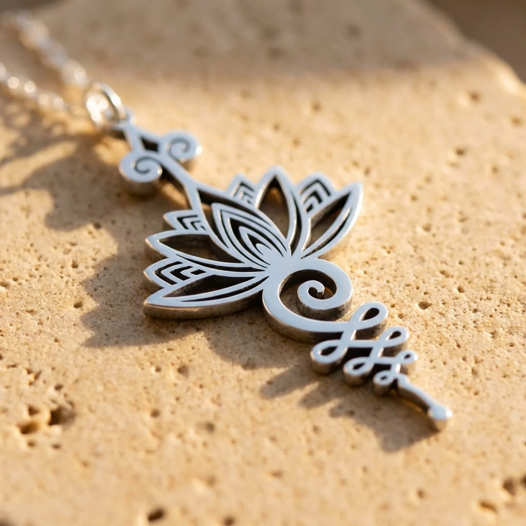 Detailaufnahme: Goldener Unalome Lotus Anhänger. Filigraner Damenschmuck, perfekt als spirituelles Geschenk.