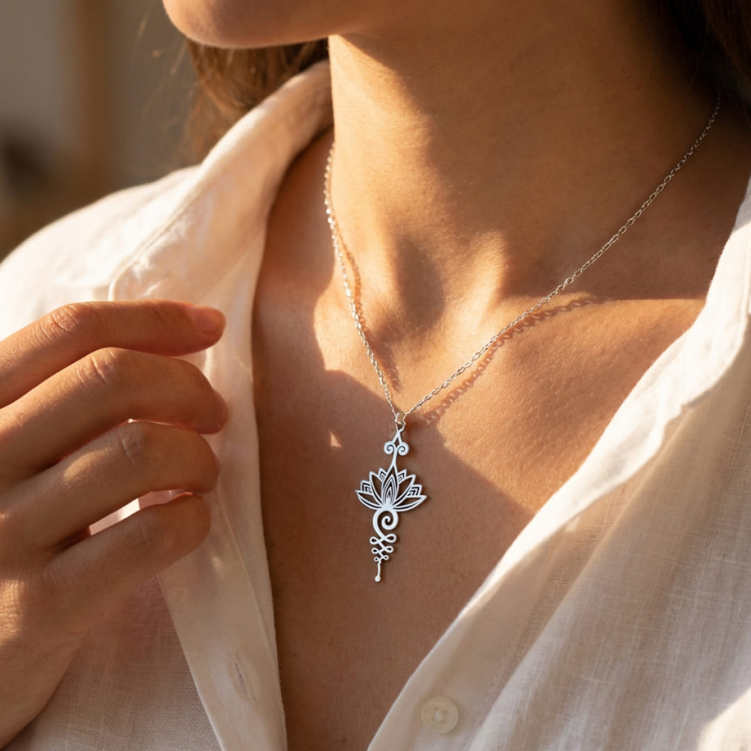 Damen Unalome Lotus Halskette mit Anhänger. Stilvoller Silberschmuck, symbolisiert spirituelles Wachstum.