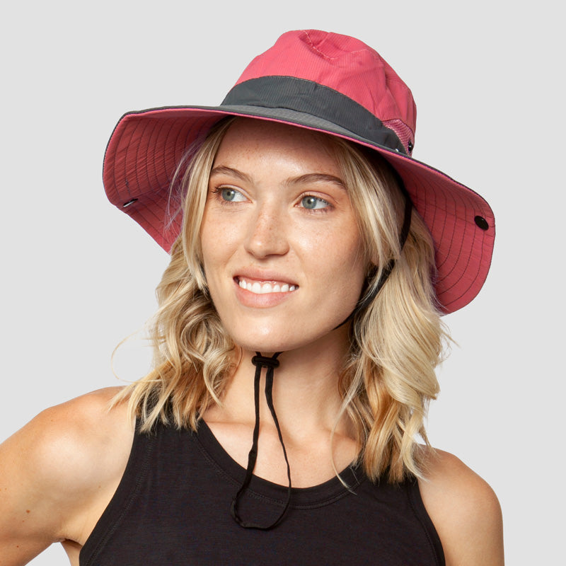 Breitkrempiger Damen Sonnenhut mit UV-Schutz, pferdeschwanz-freundlich, ideal für Strand & Garten.