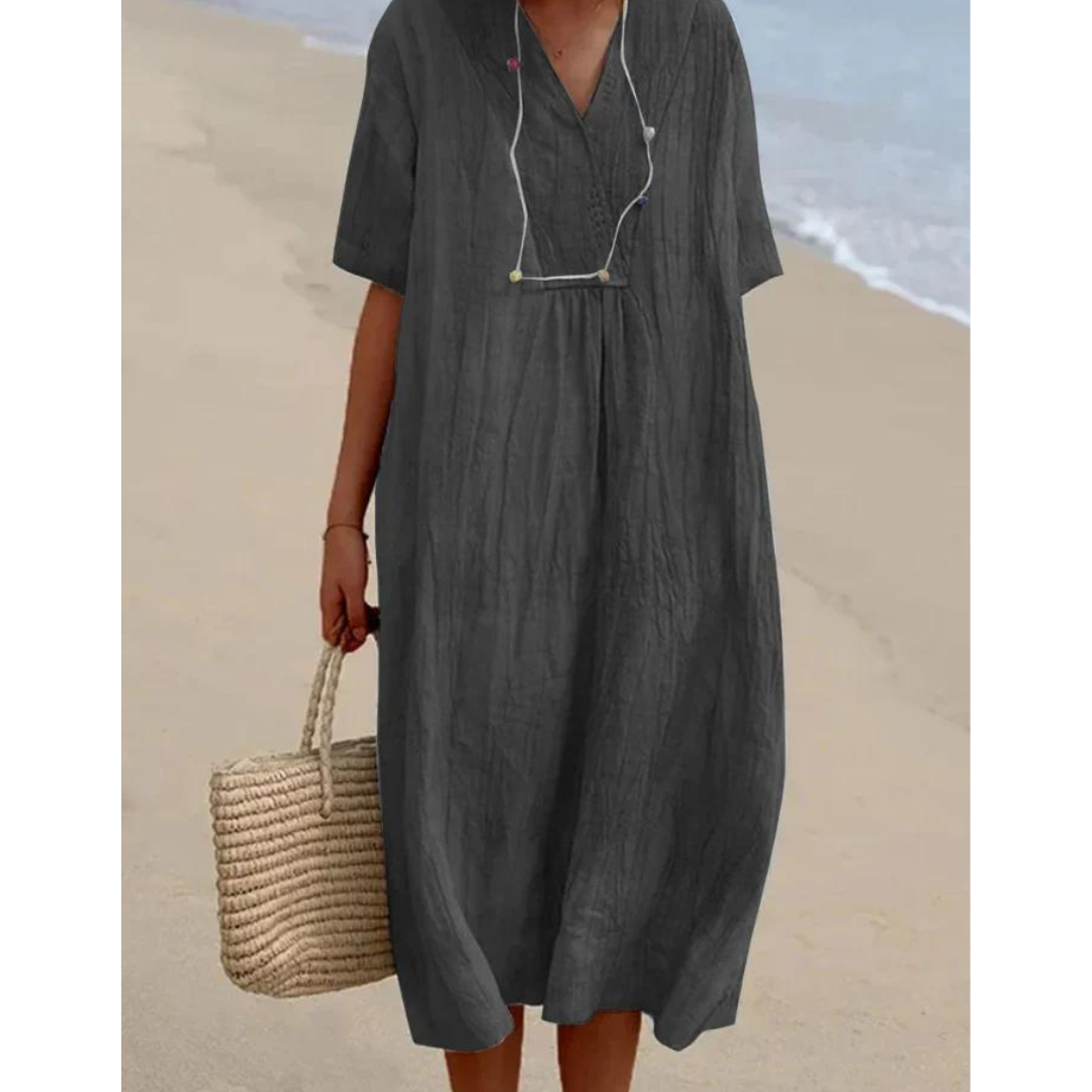 Damen V-Ausschnitt Sommerkleid: Lockeres Kurzarmkleid für Freizeit & Alltag. Elegant, bequem & atmungsaktiv.