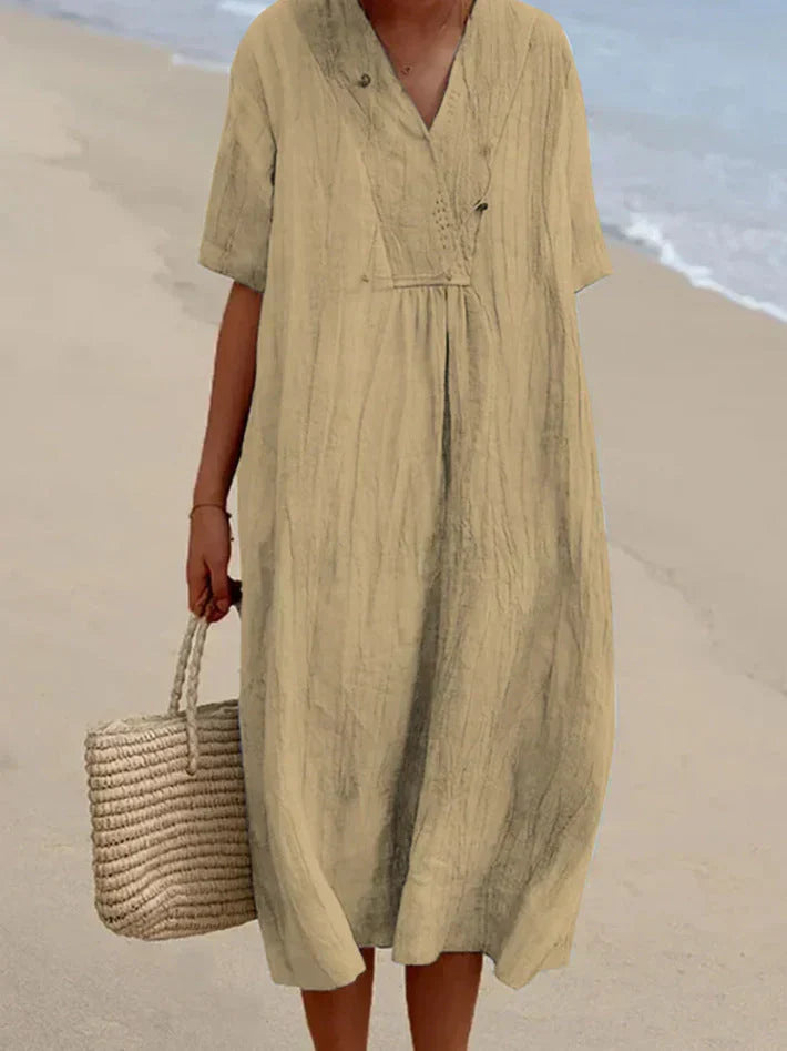 Elegantes Damen Freizeitkleid: Zeitloses V-Ausschnitt Sommerkleid mit Kurzarm. Ideal für Alltag & besondere Anlässe.