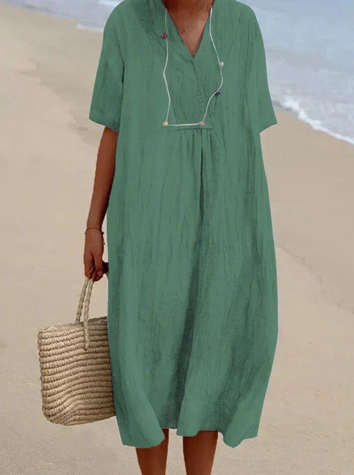 Damen Kurzarmkleid mit V-Ausschnitt: Komfortables Sommerkleid, ideal für entspannte Freizeit oder Büro im Frühling.