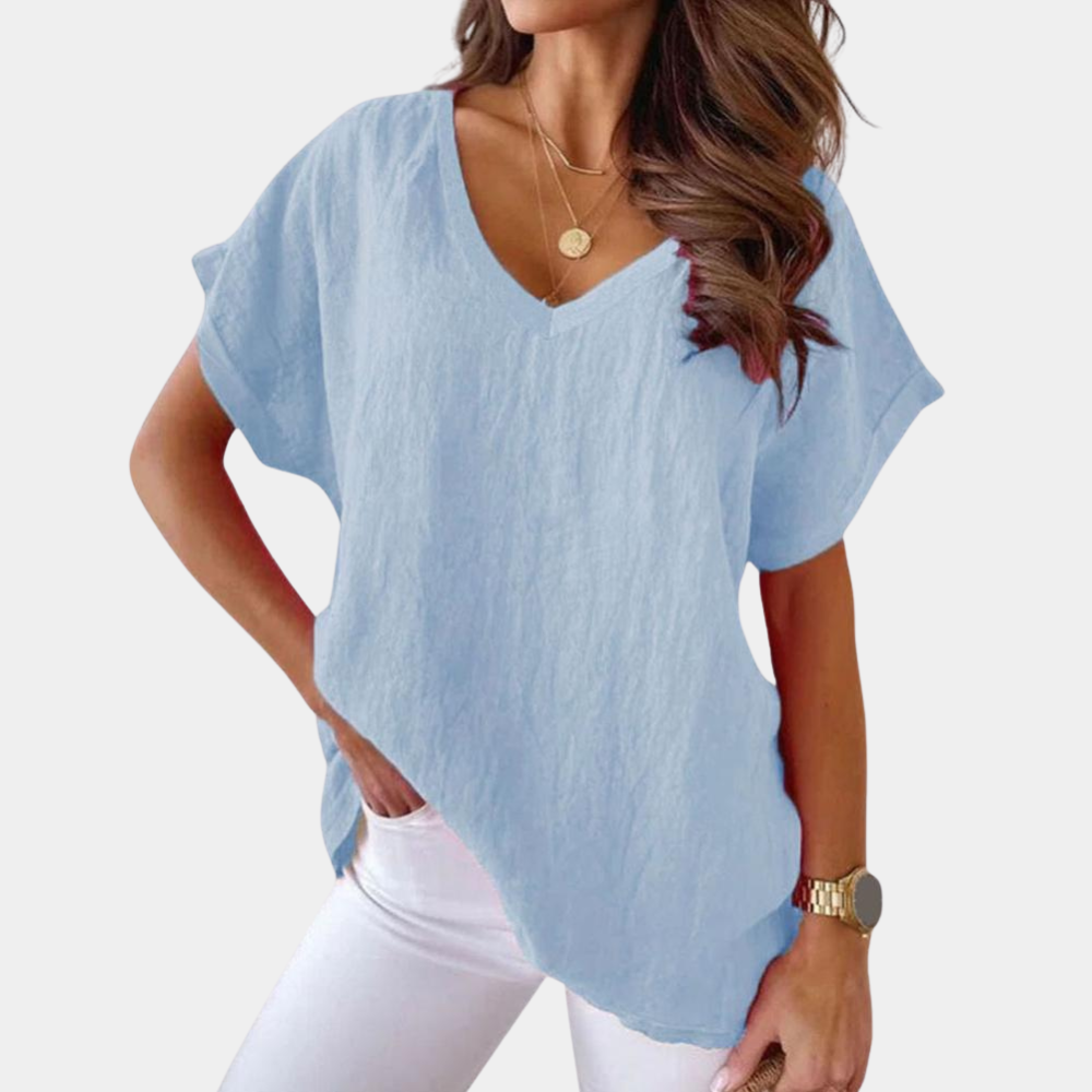 Rückenansicht des Damen V-Ausschnitt T-Shirts, lässiges Sommer-Basic mit Kurzarm für bequeme Freizeit.