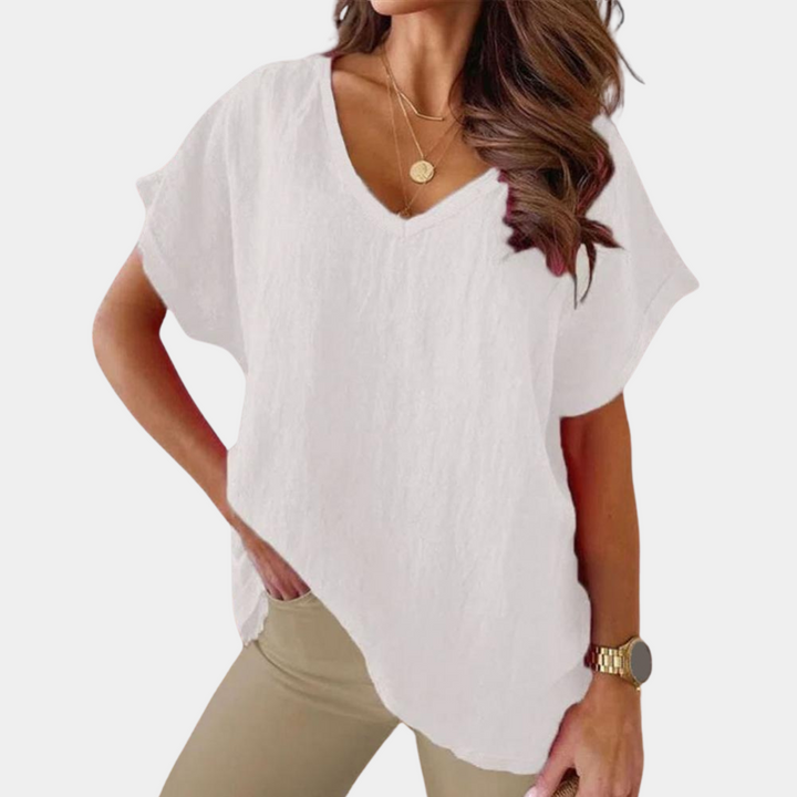 Vielseitiges Damen V-Ausschnitt Top als sommerliches Basic, Kurzarm-Shirt perfekt für Freizeit & Alltag.
