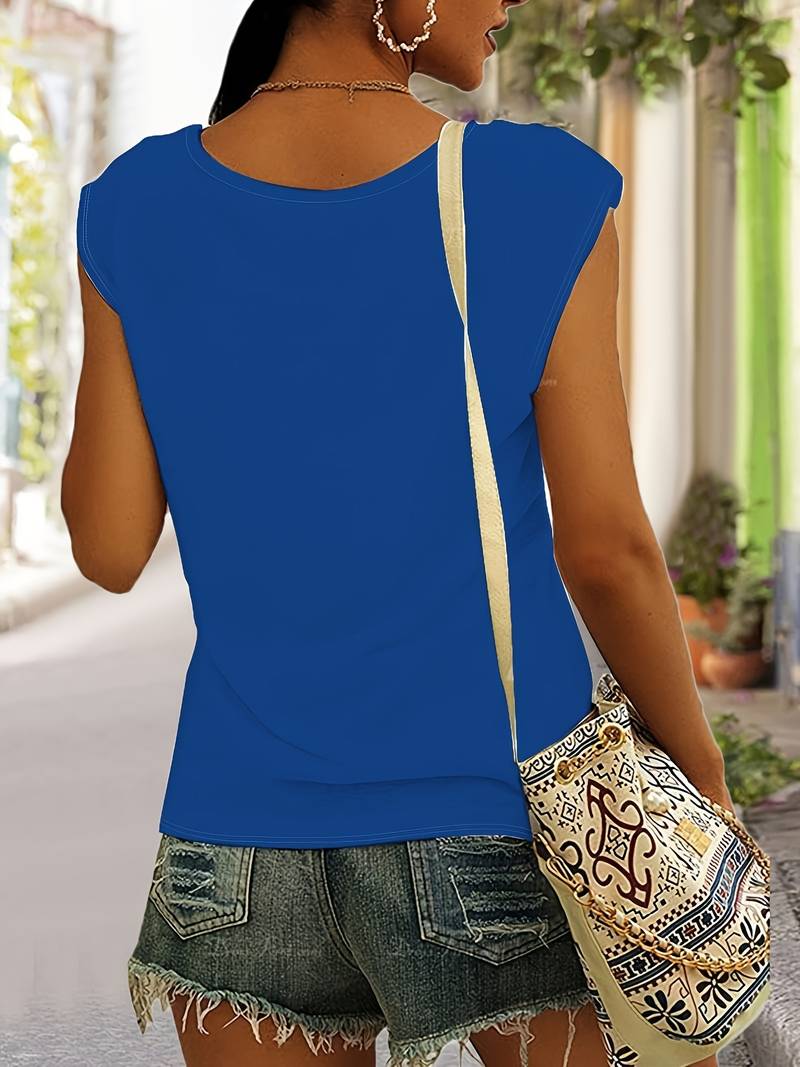 Vielseitiges Damen Sommermode Top mit V-Ausschnitt, ärmellos & locker sitzend, perfekt für elegante oder lässige Outfits.